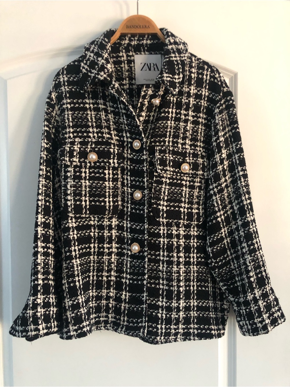 ZARA Black and White Tweed Pearl-Button Blazer Jacket